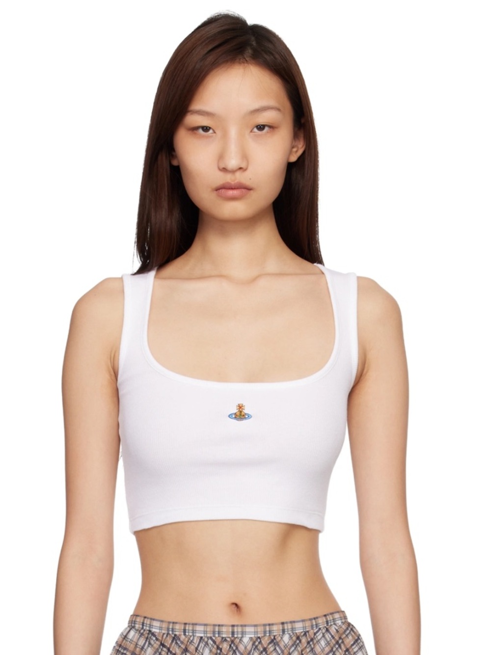 Vivienne Westwood White Ribbed Cropped Tank with Orb Logo